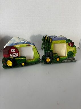 John Deere Resin Picture Frames Hand Painted Farm Scene 2" x 3" Lot Of Two
